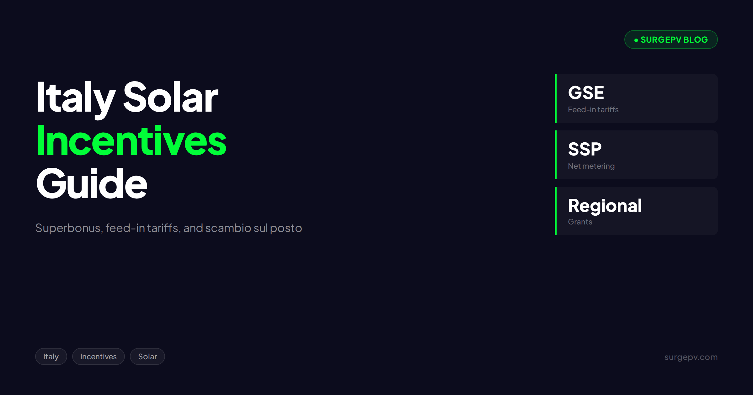 Italy Solar Incentives 2026: Superbonus, Feed-in Tariffs, and Net Metering Guide