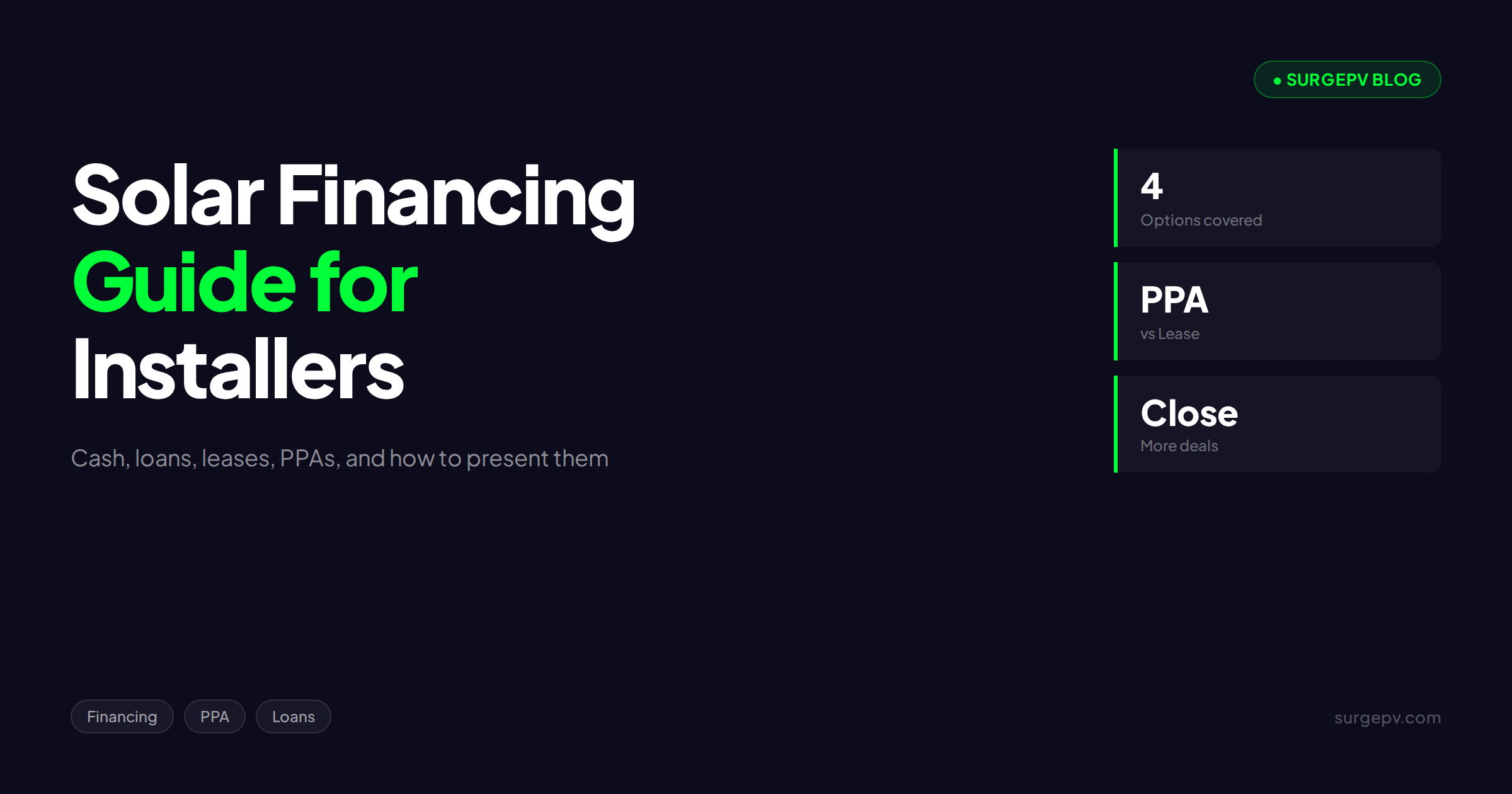 Solar Financing Guide for Installers: Cash, Loans, Leases, PPAs, and How to Present Them