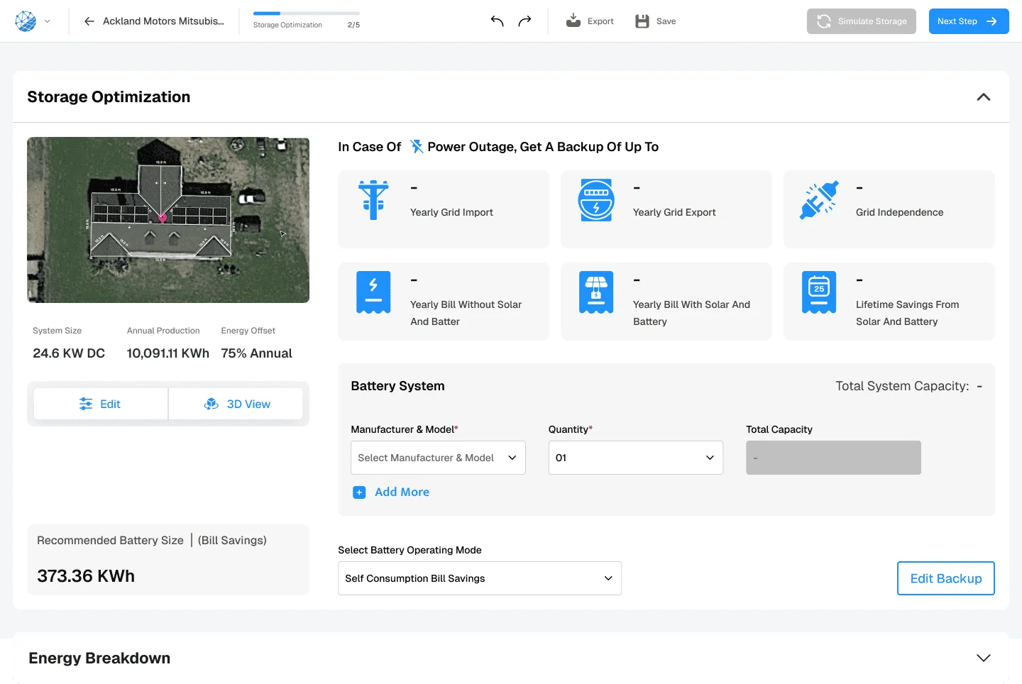 Solar financial modeling interface